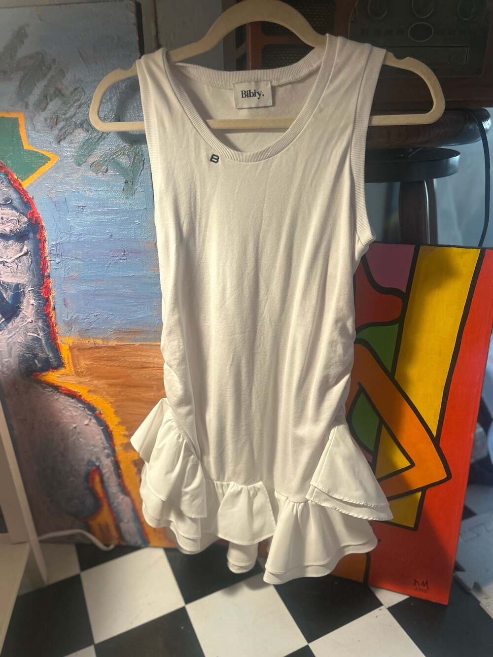 Bibiy. White Ruched Ruffle Hem Tank Dress